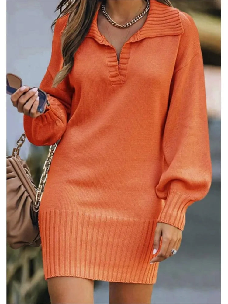 Women's Sweater Mid Length Dresses Fashion Lapel Lantern Sleeve Knit Solid Color Elegant Female Fall Winter Sweater Dress 2024