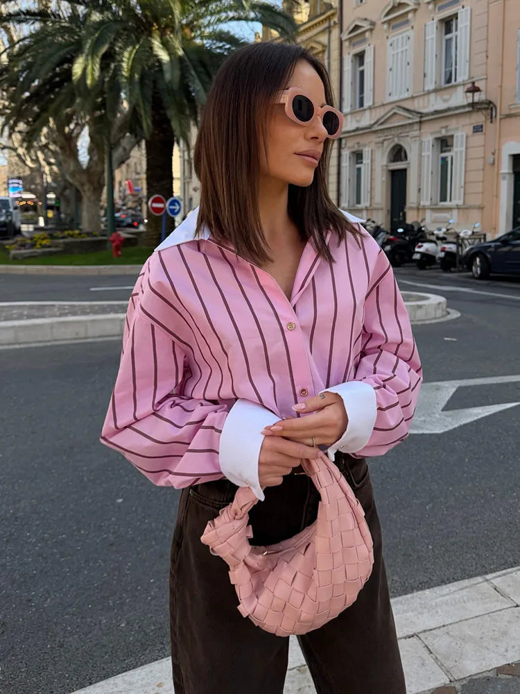 HH 2026 Female Fashion Versatile Blouse Top Women Spring Pink Striped Lapel Long Sleeve Single Breasted Decoration Casual Shirt