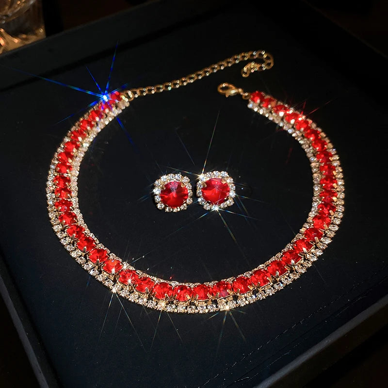 Luxury Green Rhinestone Necklace Stud Earrings For Women Crystal Choker Necklaces Ladies Fashion Weddings Banquet Jewelry Set K