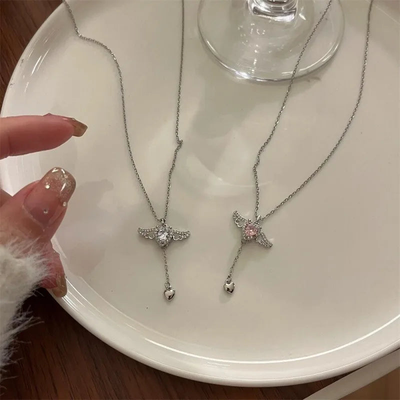 2PCS 925 Sterling Silver Heart Angel Wings Pendant Choker Necklaces for Woman Girls Party Jewelry Accessories Jewellery Women