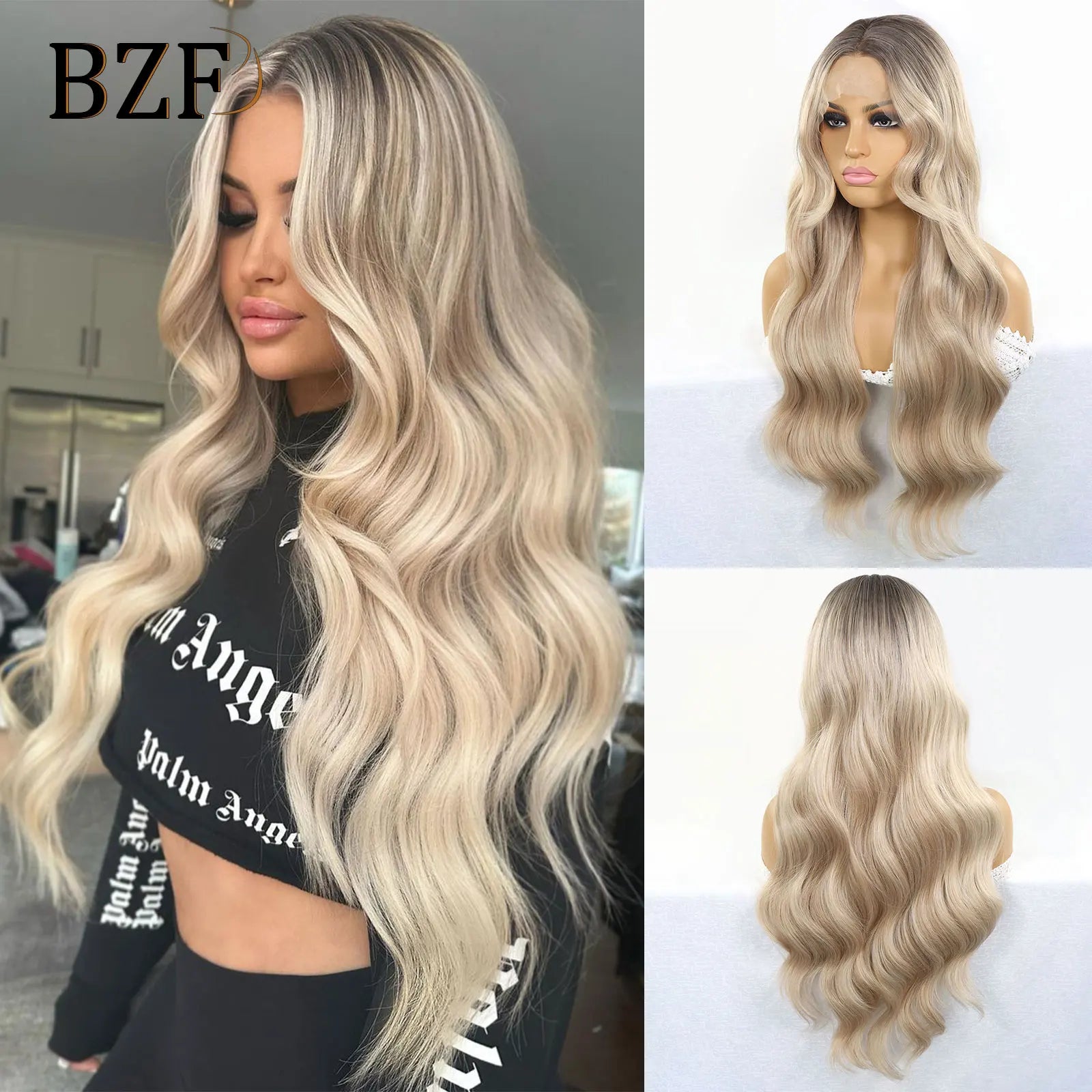 28 Inch Blonde Highlight Synthetic Lace Front Wigs Brown Body Wave Colored Glueless Wig Heat Resistant Hair For Women Daily Use