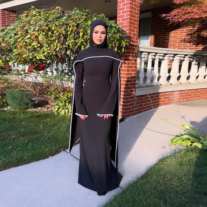 White Pearl Trim Cape Maxi Dress Women Elegant Long Sleeve Cinching Waist Muslim Robes 2026 Spring EID Abaya Lady Dresses