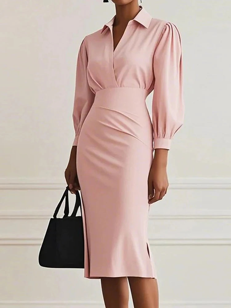 Spring Summer Puff Sleeve Simple Maxi Dress, Women Holiday Solid Patchwork Chic Party Dress, 2025 New V Neck Casual Ladies Dress