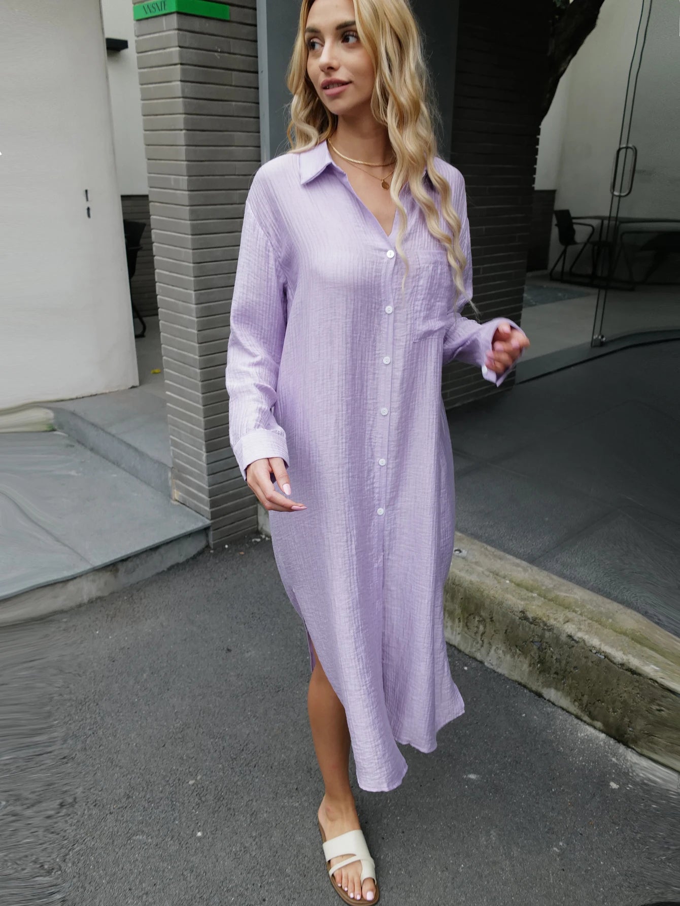 New Design 2025 Women Summer Long sleeve Basic Shirt Maxi Long dress