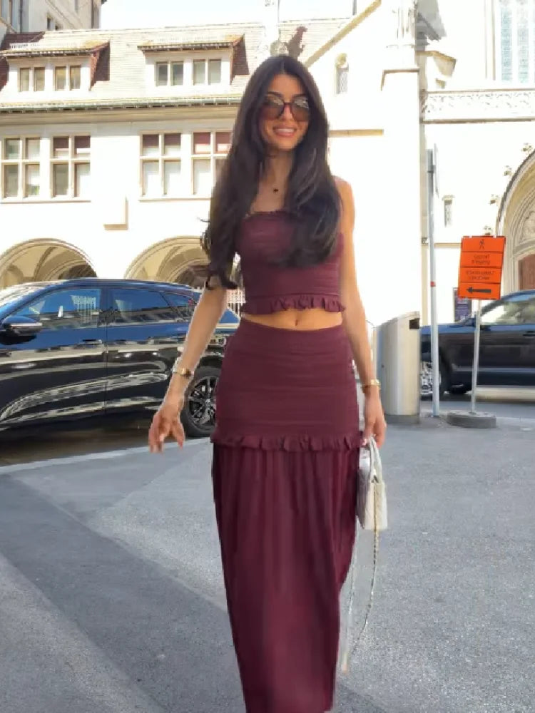 Ruched Knit Top And High Waist Long Skirt 2 Piece Set Ruffled Hollow Out Burgundy Outfit for Party Date Vacation Wedding Guest