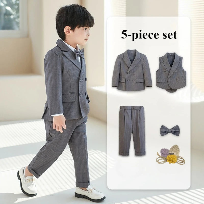 Boys Strap Pants Suit Fashion Gray Stripe Kids Weddings Blazers Set 2-12 Years Children School Uniform Toddler Birthday Outfits
