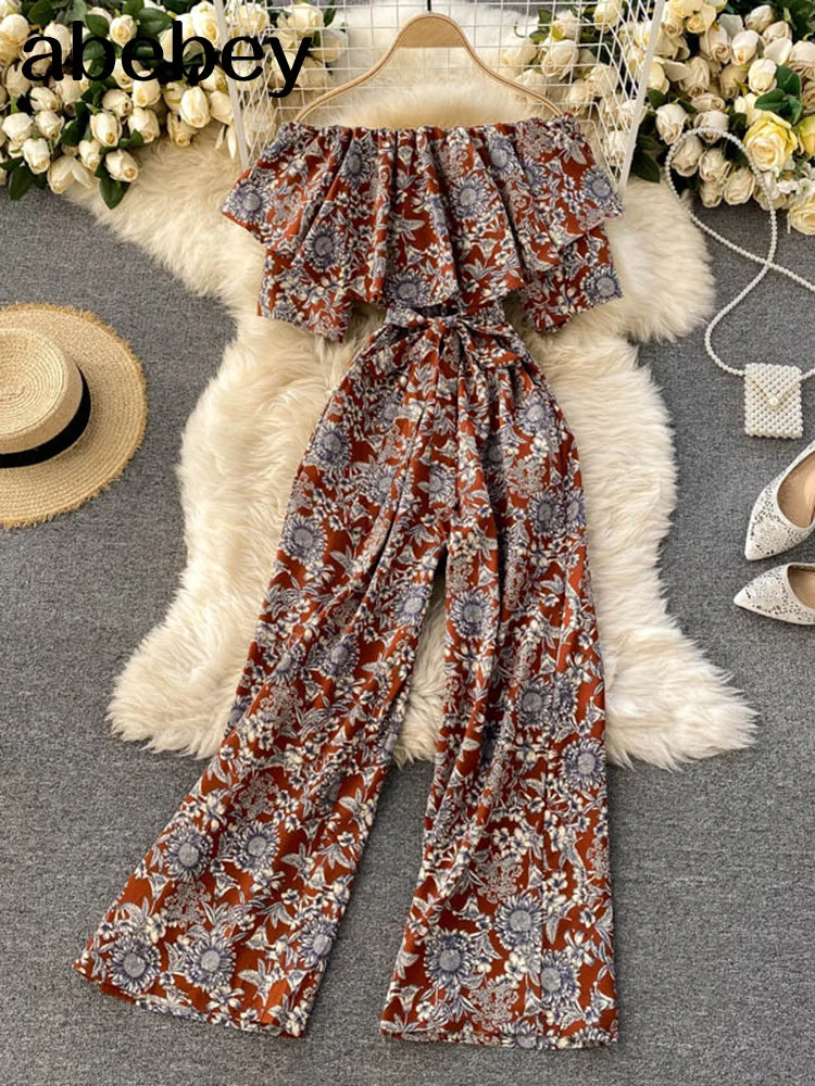 Women Jumpsuit Rompers Summer Casual Floral Print Off Shoulder Ruffles Lace-up Sashes Wide Leg Holidays Loose Jumpsuits