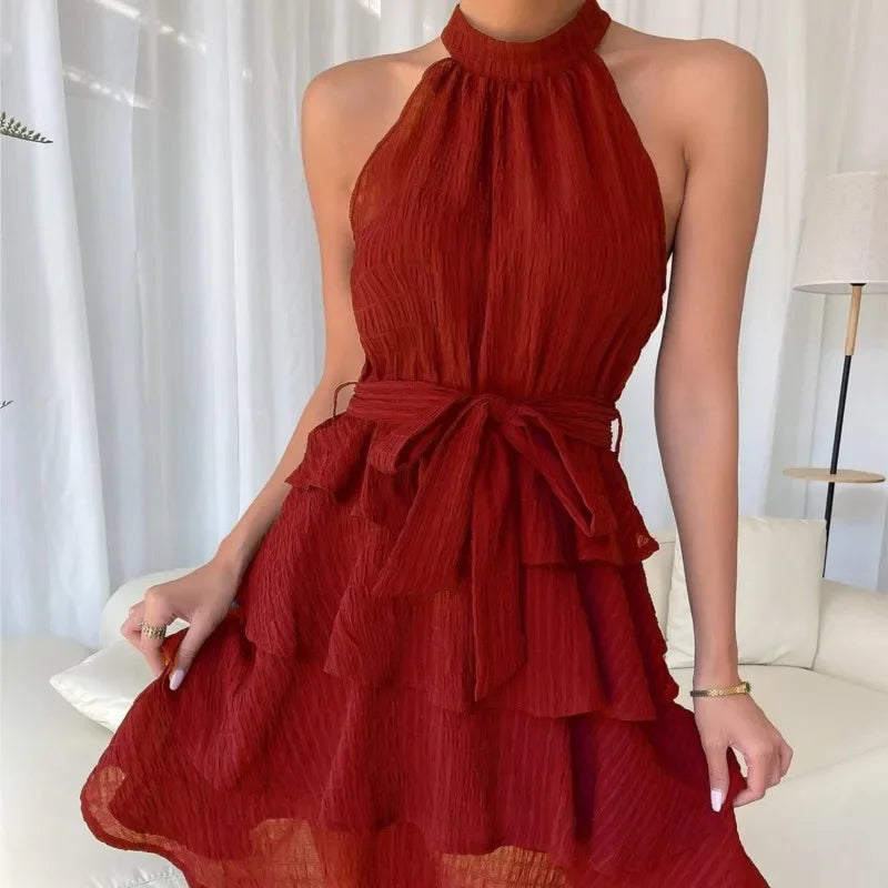 Women's Red Mini Dress Vestidos 2025 Summer Fashion Sexy Style Halter Sleeveless Ruffle Edge Tied Woman Dresses Women Sundress