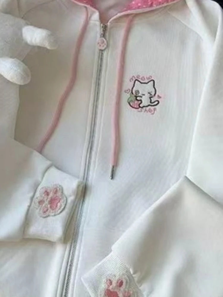 Japanese Cartoon Embroidery Casual Kawaii Hoodies Y2k Aesthetic Loose Drawstring Women Hoody Harajuku Autumn Zipper Sweatshirt