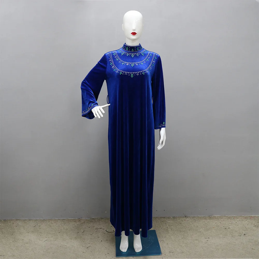 Velvet Autumn Winter Morocco Luxury Muslim Women Abaya V-neck Maxi Dress Turkey Arabic Islamic Kaftan Dubai Evening Party Kaftan
