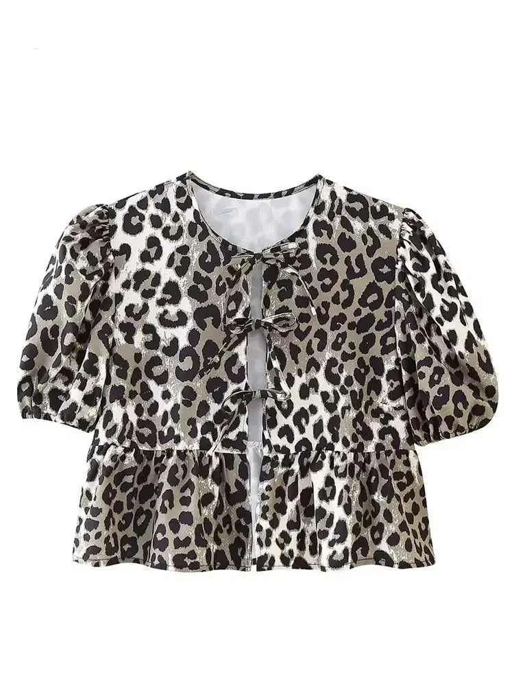 HH Women's Summer Tie Front Puff Sleeve Blouse Leopard Print Ruffle Hem Peplum Top Casual Daily Sweet Y2K Streetwear Short Shirt
