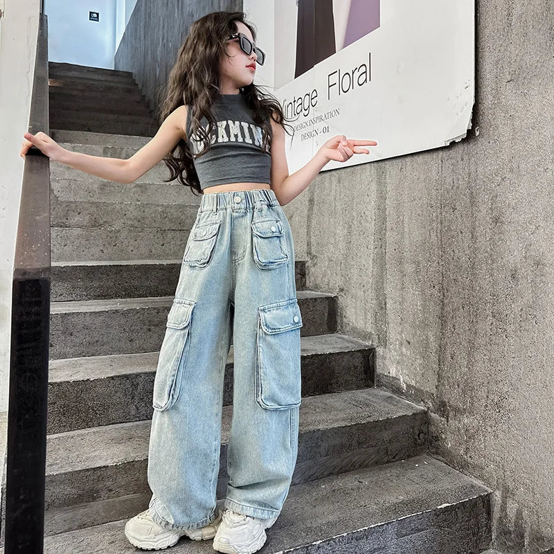 Girls Trousers Big Pocket Jeans 2025 Spring and Summer New Large Children Loose Cargo Pants Stylish Baggy Pants Simple Casual