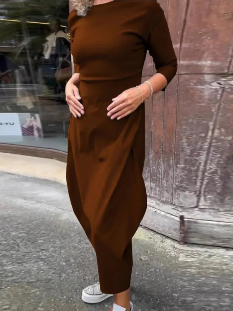Dress For Women Slouchy Fashion Solid Color Long Dresses Loose Round Neck Long Sleeve Vintage Comfortable Vestidos Para Mujer