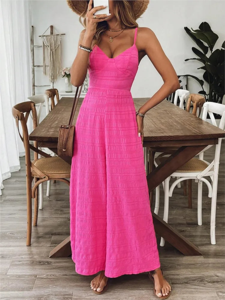 2025 Simple Style Jumpsuit Jumpsuits For Woman  Wide Leg Women's Clothing Casual Sleeveless Sling Solid Color Holiday Vacation