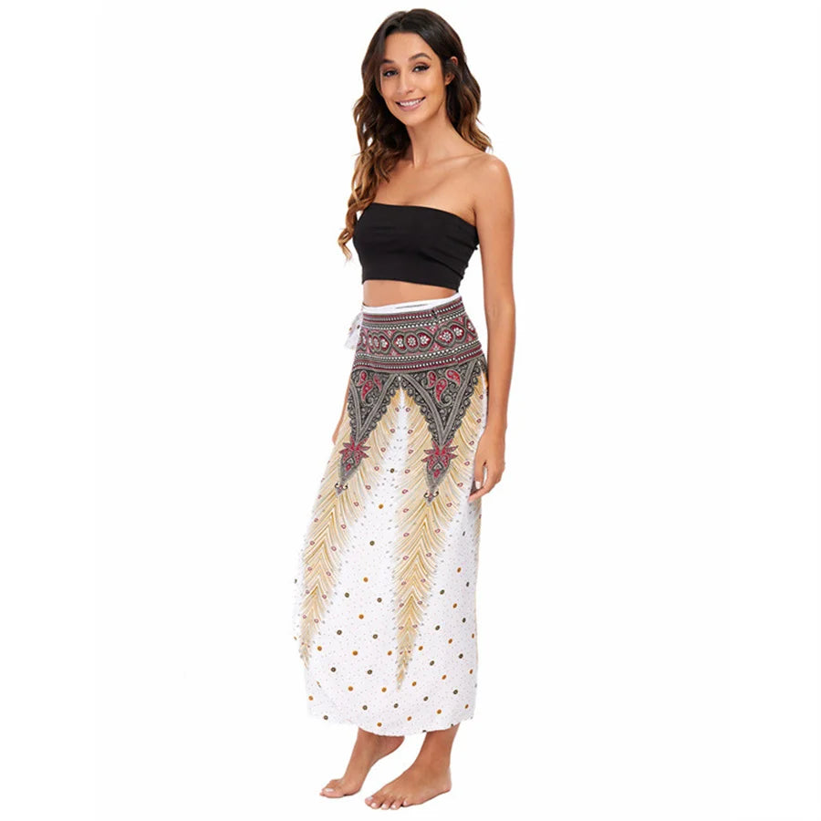 Women’s Boho Maxi Wrap Long Skirt Tie Up Beach Cover Up Dress Vintage Bohemian Adjustable High Waisted Holiday Rayon Dress