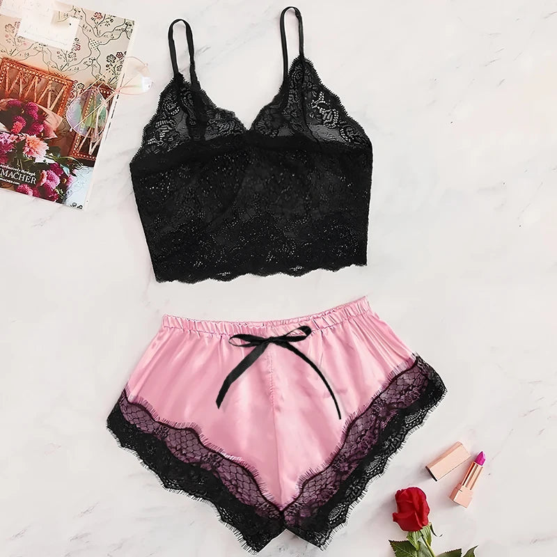 Women's 2 Piece Sexy Lace Pajama Set See-Through Bralette Cami Top and Shorts Breathable Sleepwear Plus Size Summer Lingerie