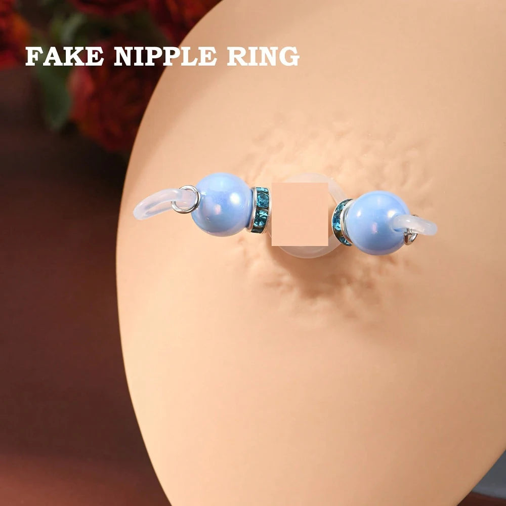 1Pair Fake Nipple Rings,Adjustable Fit Daily Wear Nipple Nooses,8mm Candy Beads, Faux Nipple Piercing Non Pierce Faux Barbells