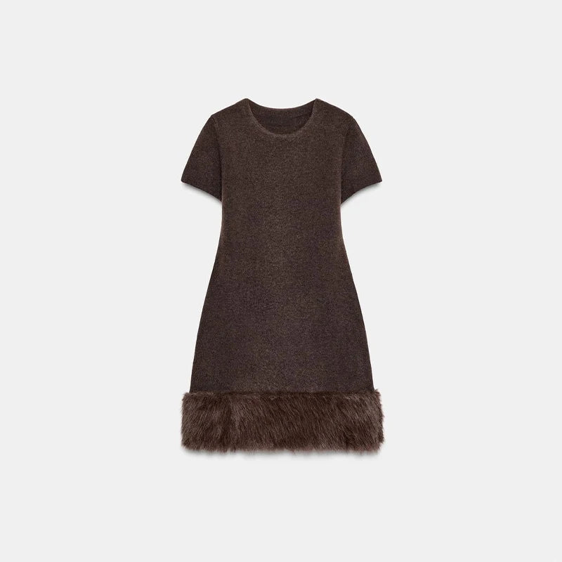 Sexy Fur Patchwork Party Dress Women Brown Slim Short Sleeve O-neck Short Dresses 2025 Fashion Evening Solid Robe Lary