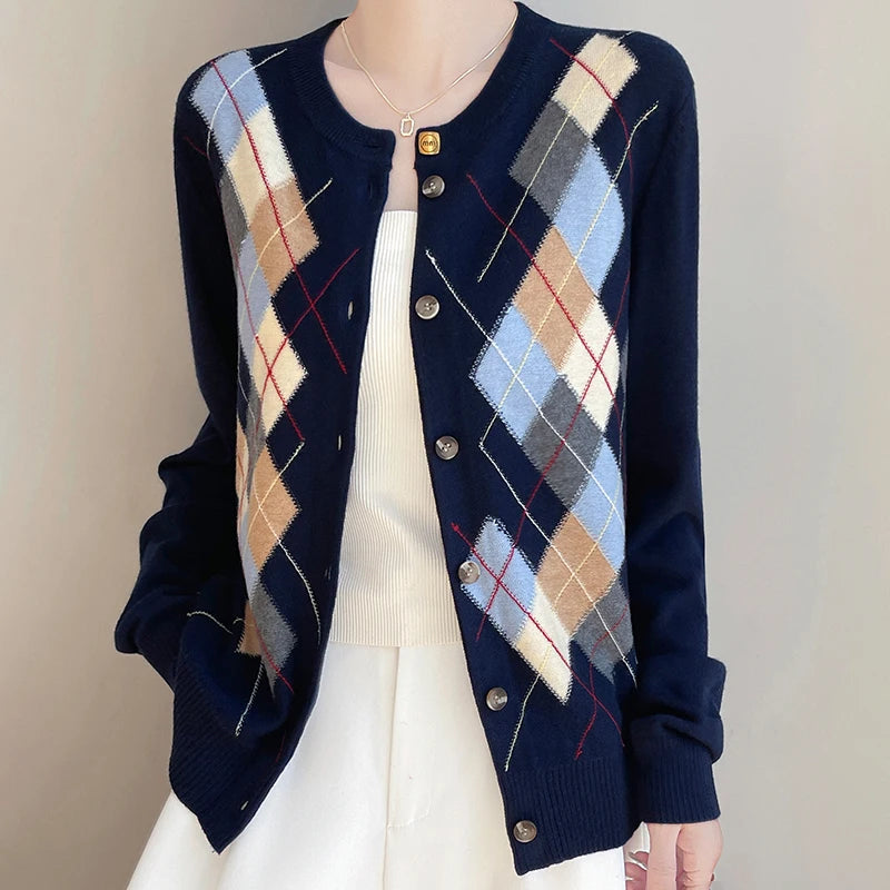 Spring and Autumn New Wool Knitted Cardigan Women's Three-dimensional Painted Square Diamond Extra Set Base Shirt Joker Top