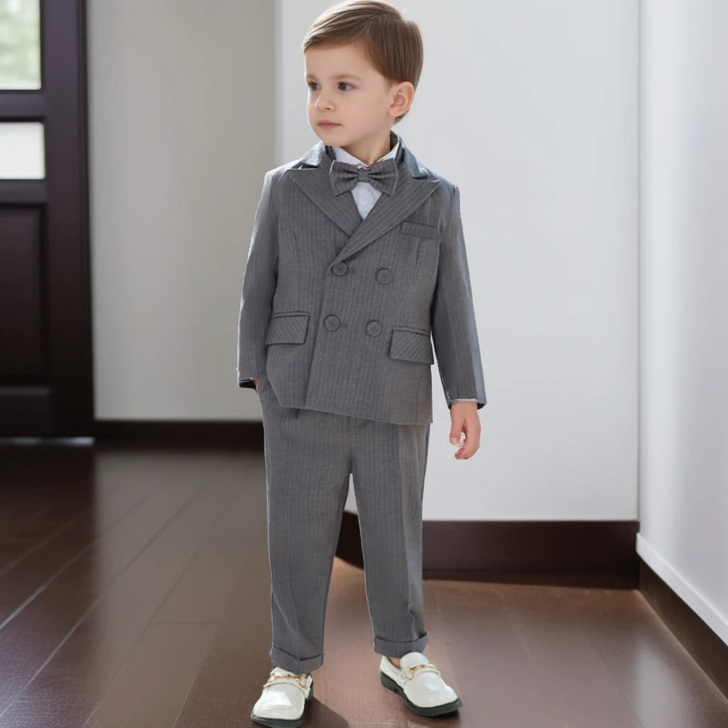 Boys Strap Pants Suit Fashion Gray Stripe Kids Weddings Blazers Set 2-12 Years Children School Uniform Toddler Birthday Outfits