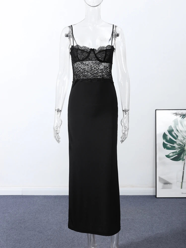 Sexy Lace Patchwork Spaghetti Strap Dresses Women's Slim Sleeveless Hip-wrap Ankle-length Dress 2026 New Ladies Evening Robe