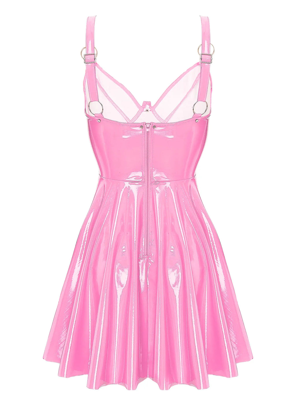 Womens Sexy Wet Look Patent Leather Slip Dress O-Ring Rivets Strappy V Neck Gothic Punk A-Line Mini Dresses Rave Party Clubwear