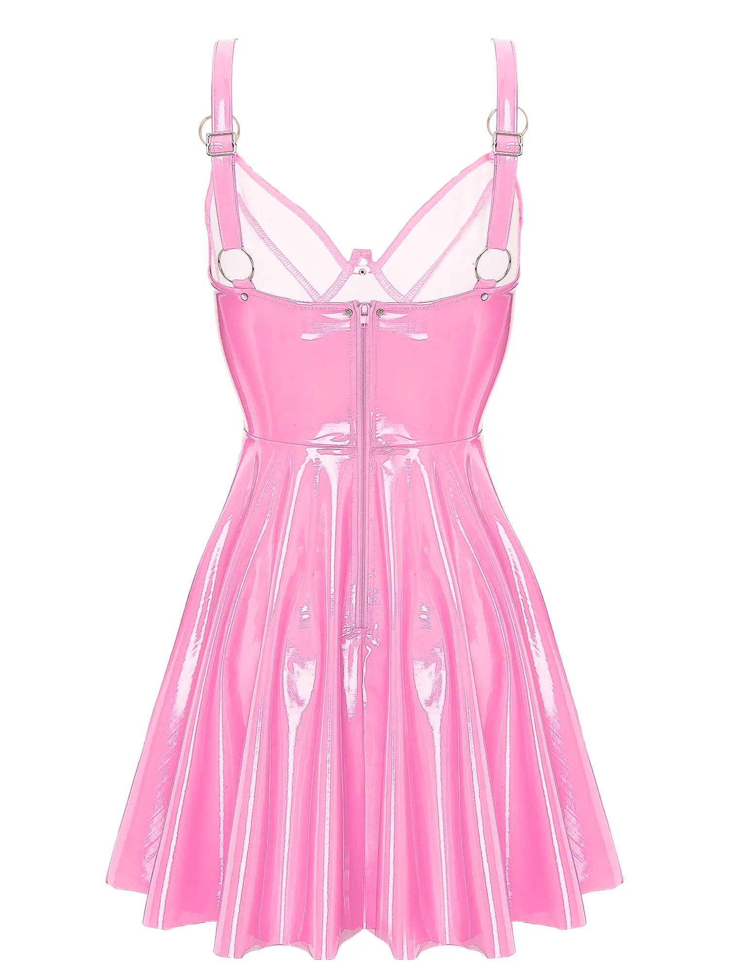 Womens Sexy Wet Look Patent Leather Slip Dress O-Ring Rivets Strappy V Neck Gothic Punk A-Line Mini Dresses Rave Party Clubwear