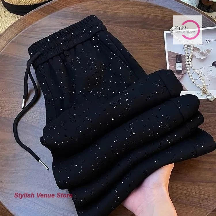 American style black all over the sky rhinestone wide-leg pants women's summer new fashion high waist straight casual pants.