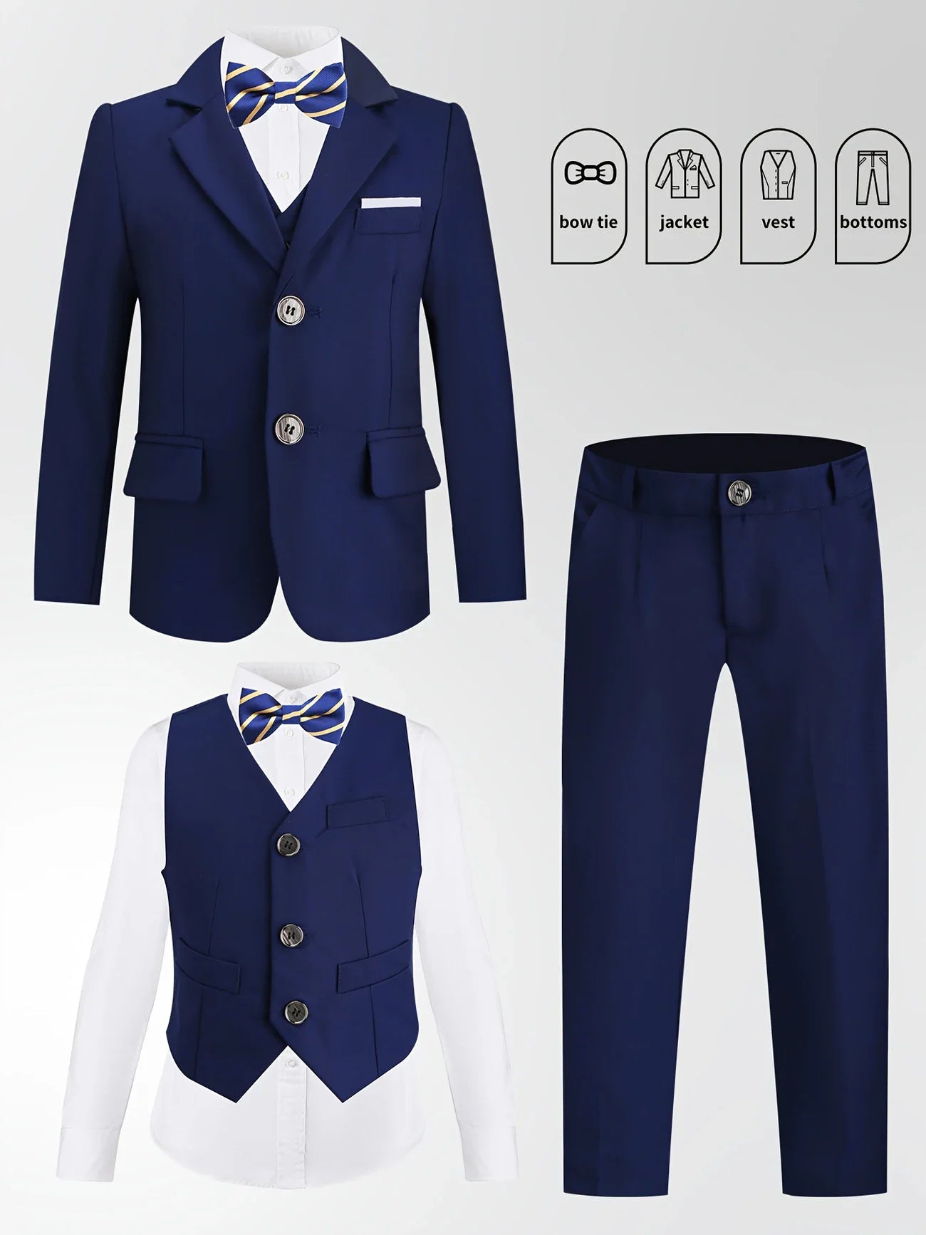 Gentleman Kids Spring White 4Pieces/Set Jacket Vest Pants Bowtie 4Pieces Wedding Suit Boys Photography Dress Children Costume