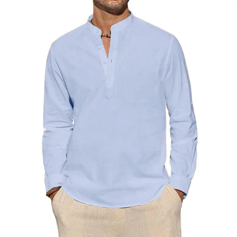 Men's Long Sleeve T-Shirts Casual Lightweight Breathable Henley Neck Solid Color Tops Hawaiian Vacation Beach Style Button Polo