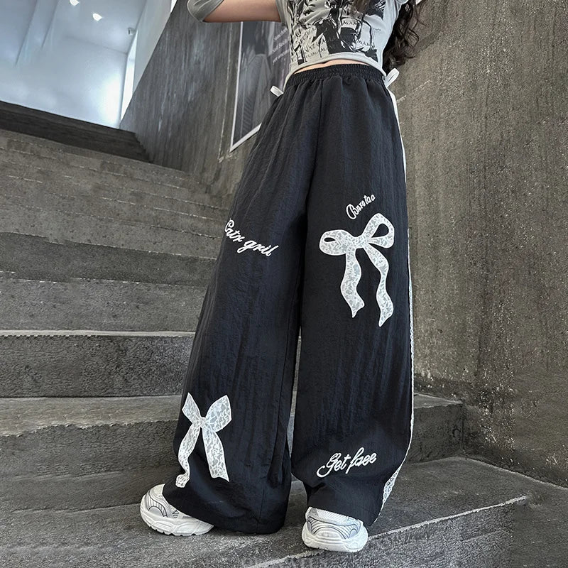 Children Black Casual Pants With Lace Bow For Girls Spring Fashion Lace Tousers Kids Loose Casual Wide Leg Sweatpants Streetwear