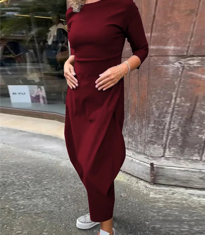 Dress For Women Slouchy Fashion Solid Color Long Dresses Loose Round Neck Long Sleeve Vintage Comfortable Vestidos Para Mujer