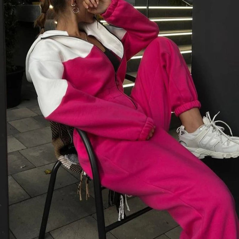 Women'S Jumpsuits Casual Sporty Sweatershirt Hoodies Suits Spliced Colored Zipper Long Pants Rompers Playsuits Autumn Winter y2k