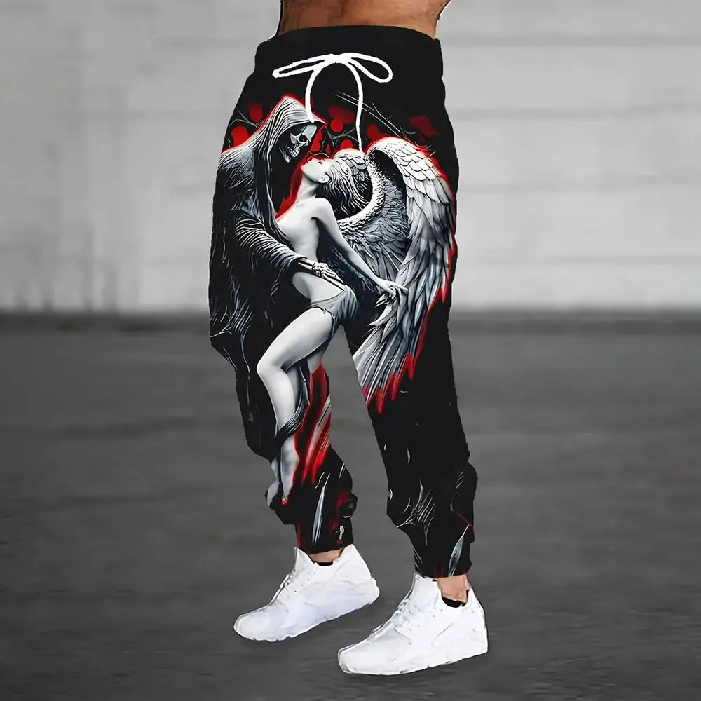 Men's Loose Pocket Draw Rope Sports Sweatpants Winter New Thick Warm Men's Sweatpants Fashion Color Skull Printed Sweatpants