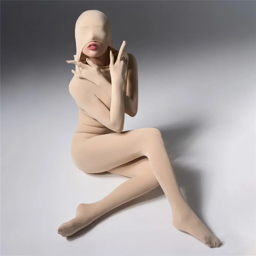 Women's Jumpsuit With Hooded High Elastic Unitard Oil  Shiny Glossy Sexy Bodysuit Five Finger Gloves Tights Skinny Shaper Wear