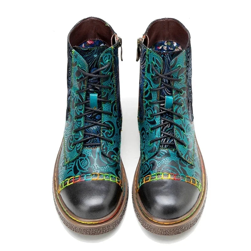 Big Calf Boots 2cm Sheepskin Leather Embroidery Sewing Ethnic Mid Spring Autumn ZIP Women Plus Size Designer Ladies Shoes