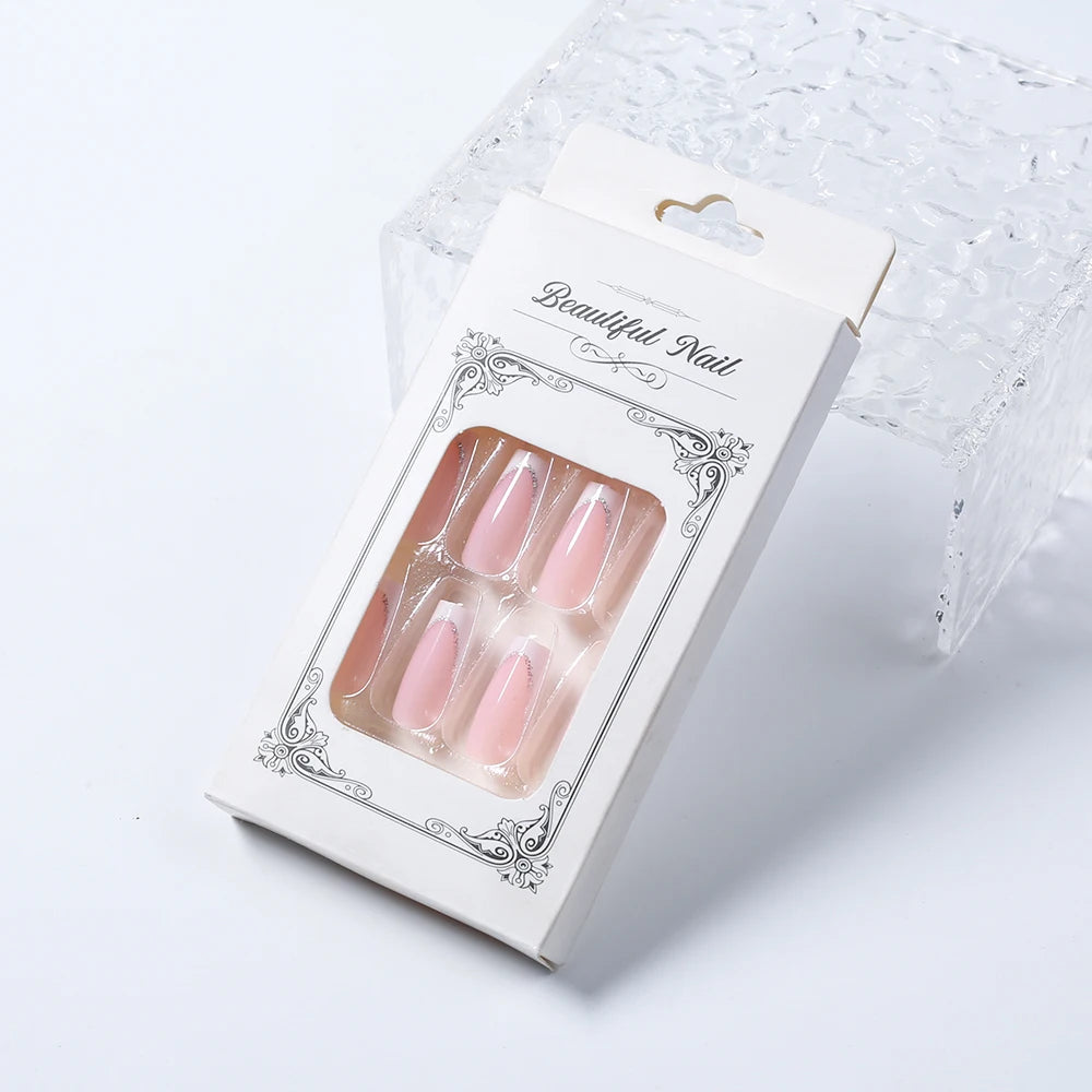 24Pcs Short Square Coffin False Nails French Glitter Wearable Fake Nails Acrylic Full Cover Women Ballet Press on Nails Tips