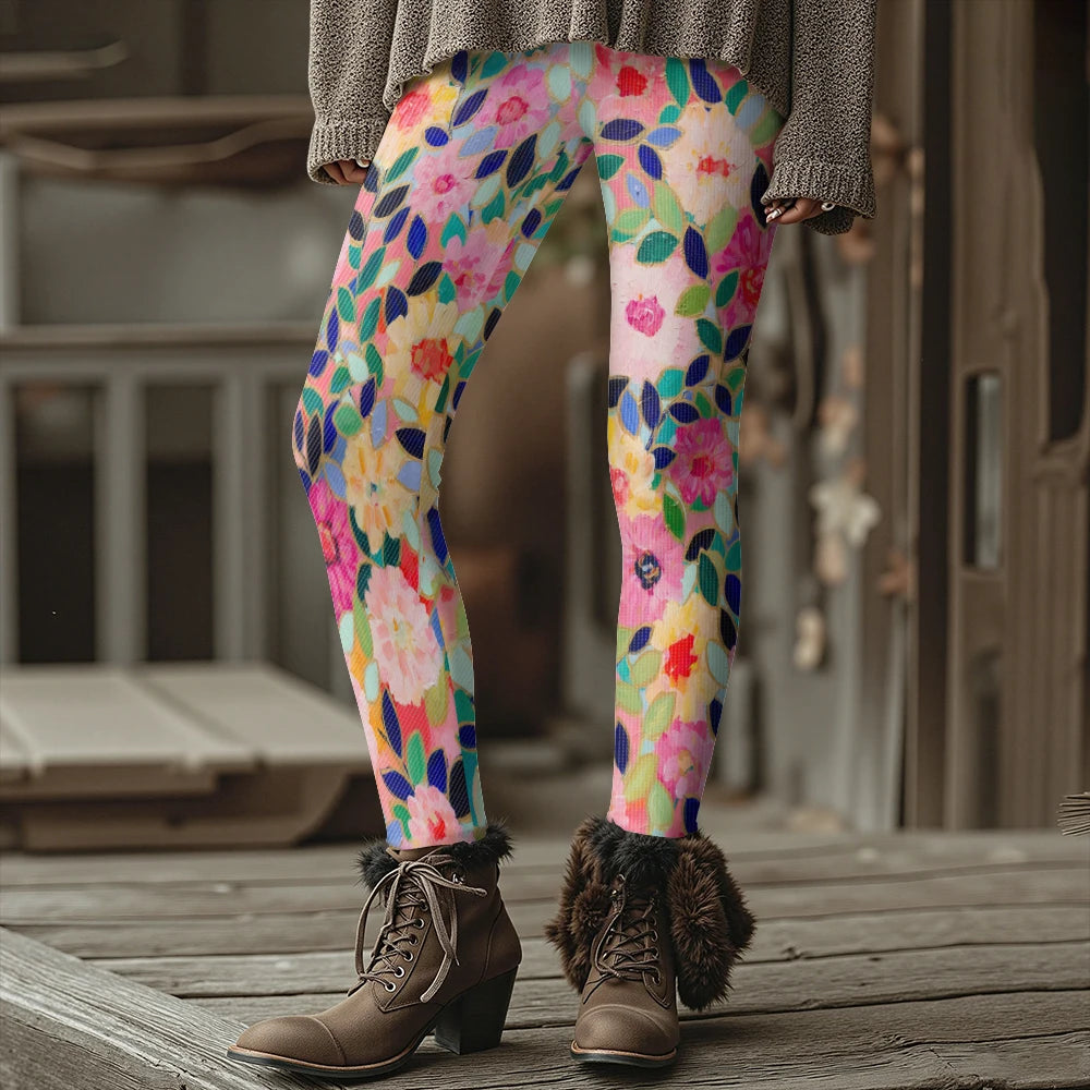Colorful Blooming Flowers Pattern Women's Leggings Autumn Winter Warm Fashion Tights Stylish Outdoor Look Fashion Streetwear