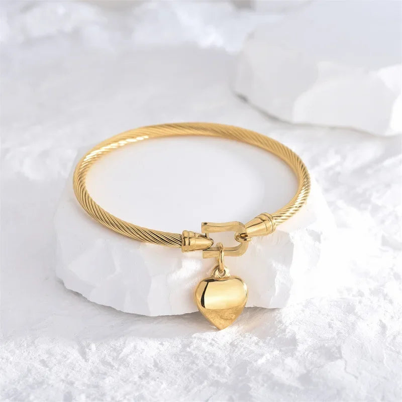 18k Gold Color Stainless Steel Heart Pendant Charm Bangle Bracelets for Men Women