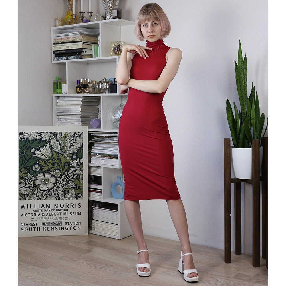 Summer Women Sexy Slim Turtleneck Sleeveless Dresses Female Vestidos Tank Dress Woman Skinny Elastic Culb Pencil Dresses