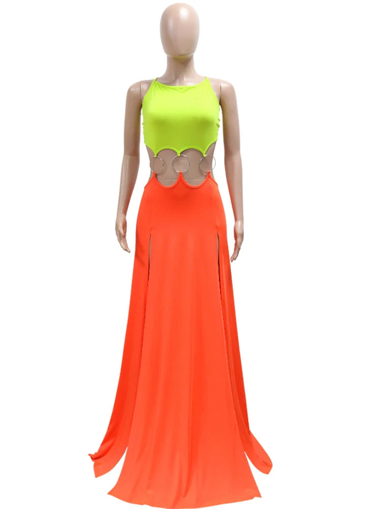 Beyprern Women's Hollow Out O-Rings Metal Long Dresses Fashion Backless Bandage Holiday Dresses Vacation Outfits Sexy Clubwear