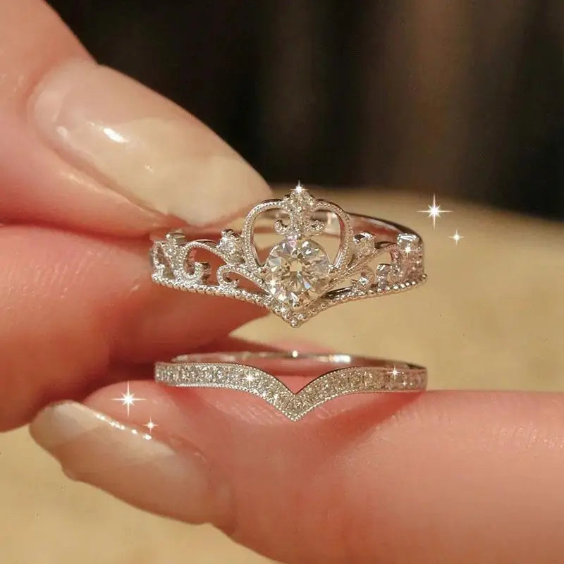 2PCS Fairy Sparkling Crown Rings for Women Teen Crystal Korean Adjustable Silvery Anniversary Gift Party Queen Ring Set Jewelry
