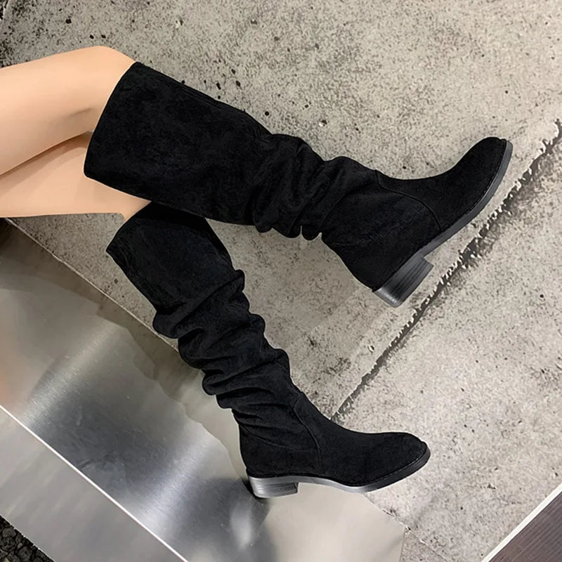 Arden Furtado Women's Brown Suede Knee High Boots Round Toe Low Heel Slouchy Ruched Wide Calf Over the Knee Boot