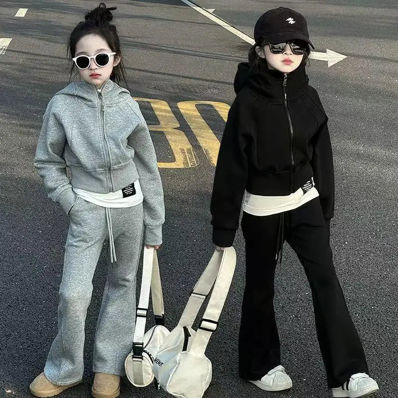 2026 winter spring teenager kids girl Children set Clothes crop top Hooded + black Straight pants 4 6 7 8 9 10 11 12 14 15 Year