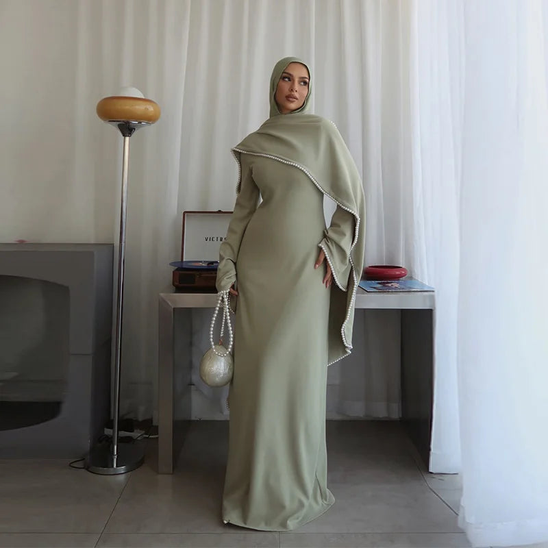 White Pearl Trim Cape Maxi Dress Women Elegant Long Sleeve Cinching Waist Muslim Robes 2026 Spring EID Abaya Lady Dresses