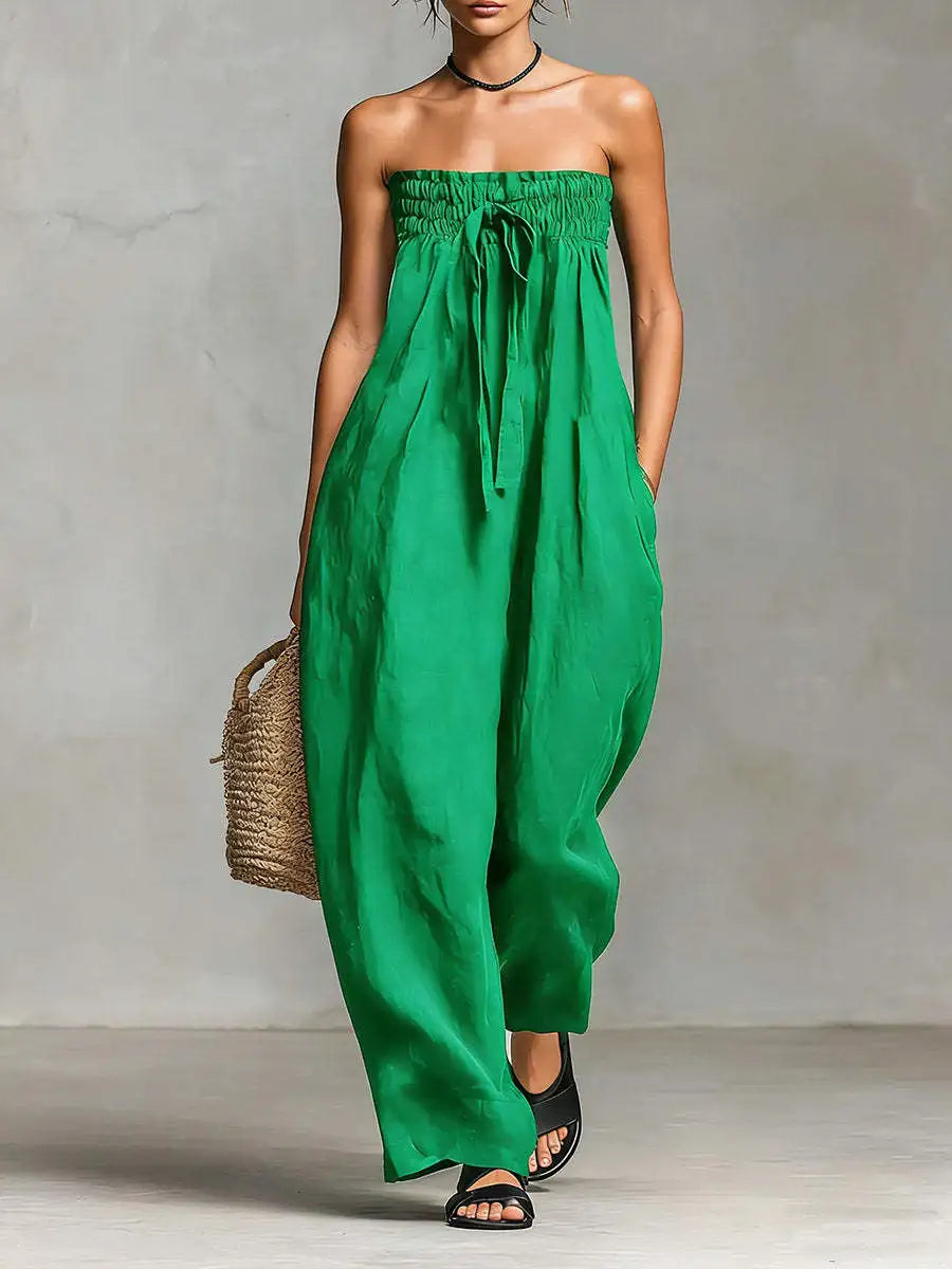 Elegant Sexy Off Shoulder Jumpsuit Women 2026 Summer Ruched Lace-up Sleeveless Backless Romper Casual Wide Leg Pocket Overalls