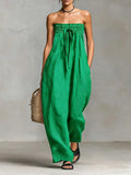 Elegant Sexy Off Shoulder Jumpsuit Women 2026 Summer Ruched Lace-up Sleeveless Backless Romper Casual Wide Leg Pocket Overalls