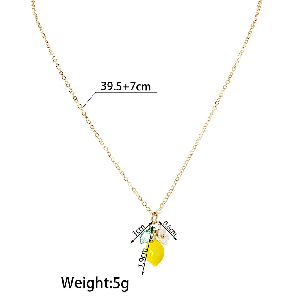 Fashion Cute Yellow Fruit Lemon Little Flower Green Leaf Pendant Metal Chain Adjustable Necklace for Women Summer Jewelry Gifts