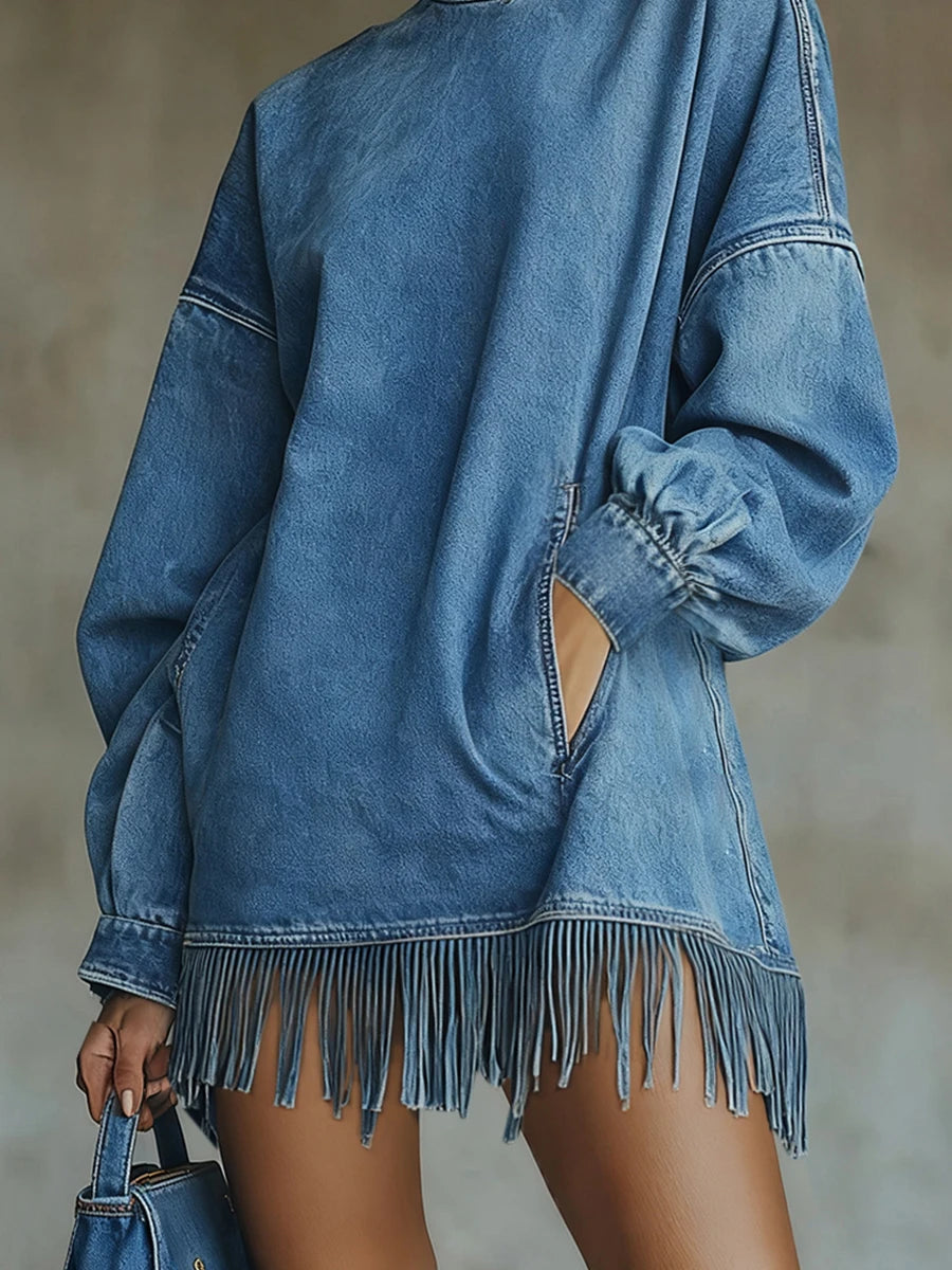Denim Vintage Dresses Women Half High Collar Solid Color Tassel Hem Dress Fashion Long Sleeve Pocket Loose Sweatshirt Dress