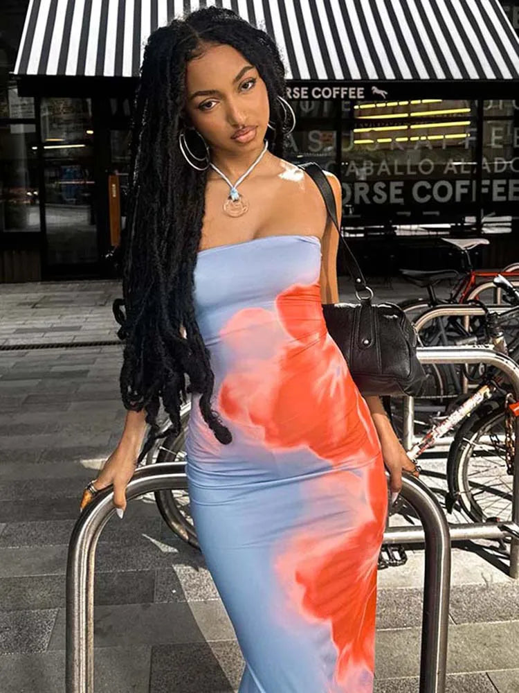 Sexy Strapless Print Tube Maxi Dress Women Off Shoulder Backless Stretch Long Sundress 2025 Summer Beach Y2K Clothes